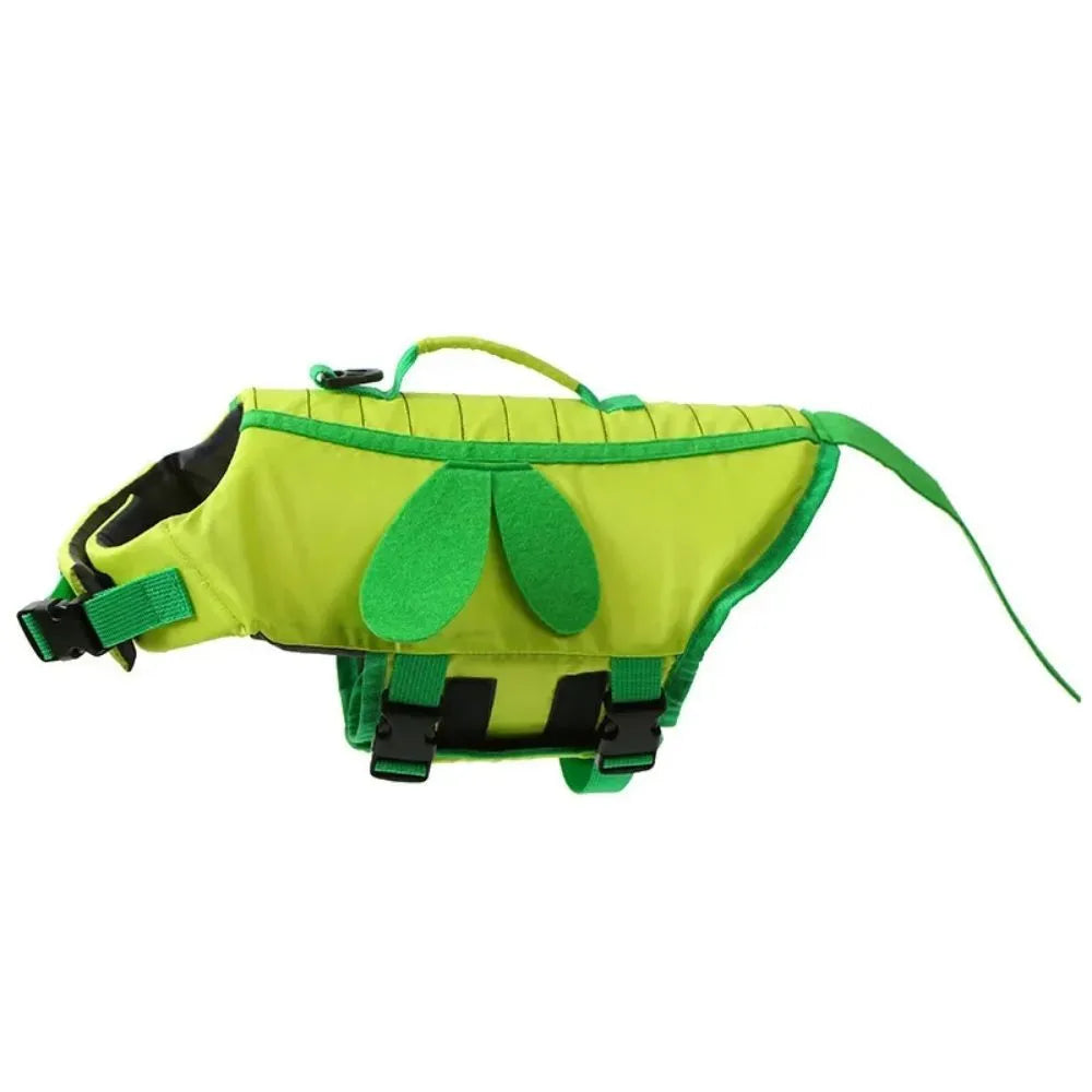 Green dog life jacket with reflective strips and adjustable buckles for swimming safety