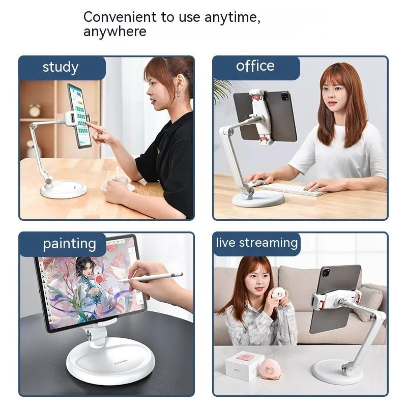 Foldable lifting bracket for mobile phone and tablet in White Extended on a desk