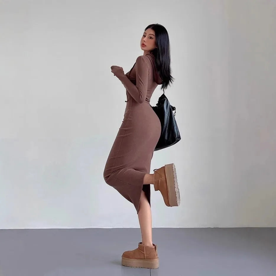 Women's long sleeve hooded sheath dress in polyester, shown in light grey colour