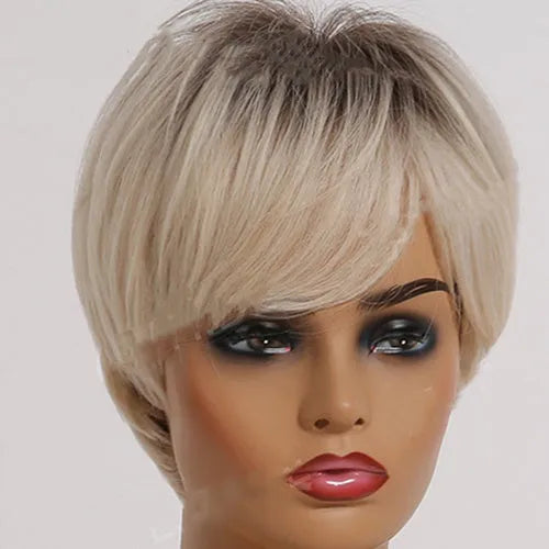 Short straight ombre blonde synthetic wig with bangs, 8 inch brown gradient gold, matte high temperature fibre, Rosenet cap