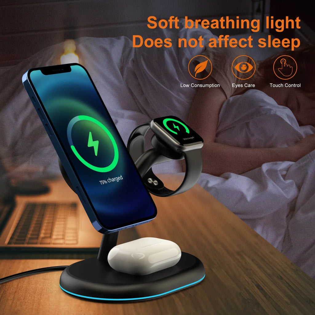 Black square three-in-one magnetic wireless charger for iPhone, Apple Watch, and AirPods on a desk