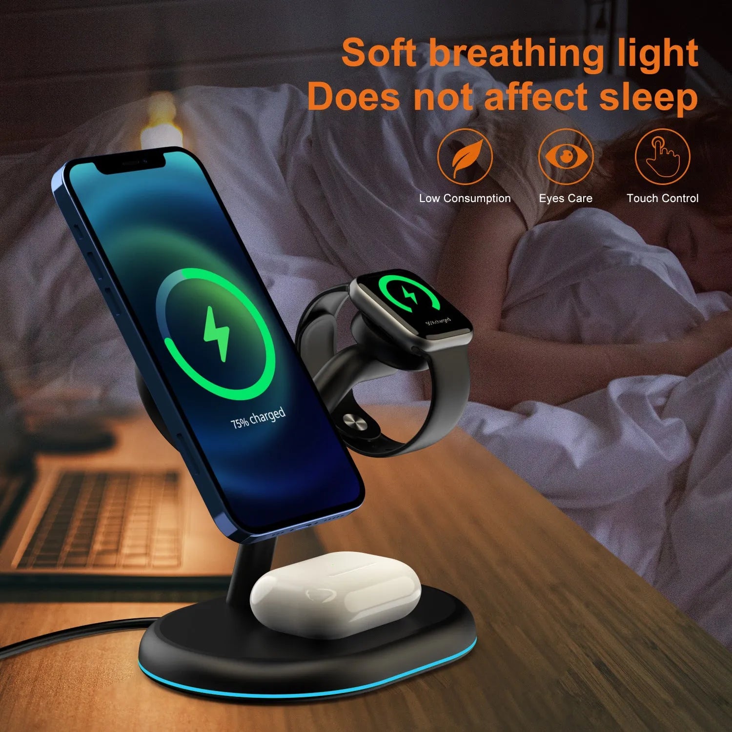 Black square three-in-one magnetic wireless charger for iPhone, Apple Watch, and AirPods on a desk