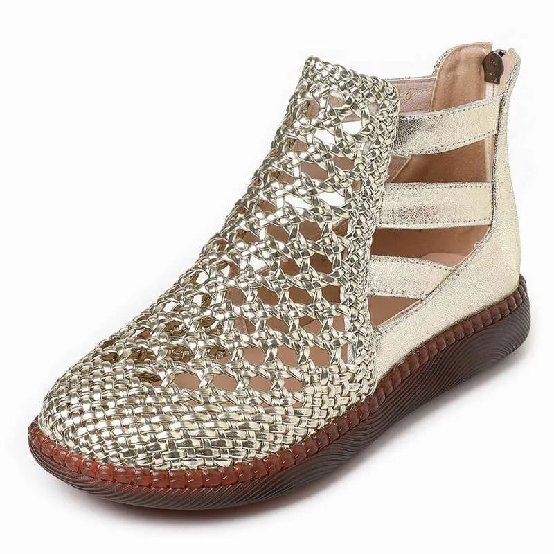Women's gold hollow-out sandals with middle-top height and round toe design