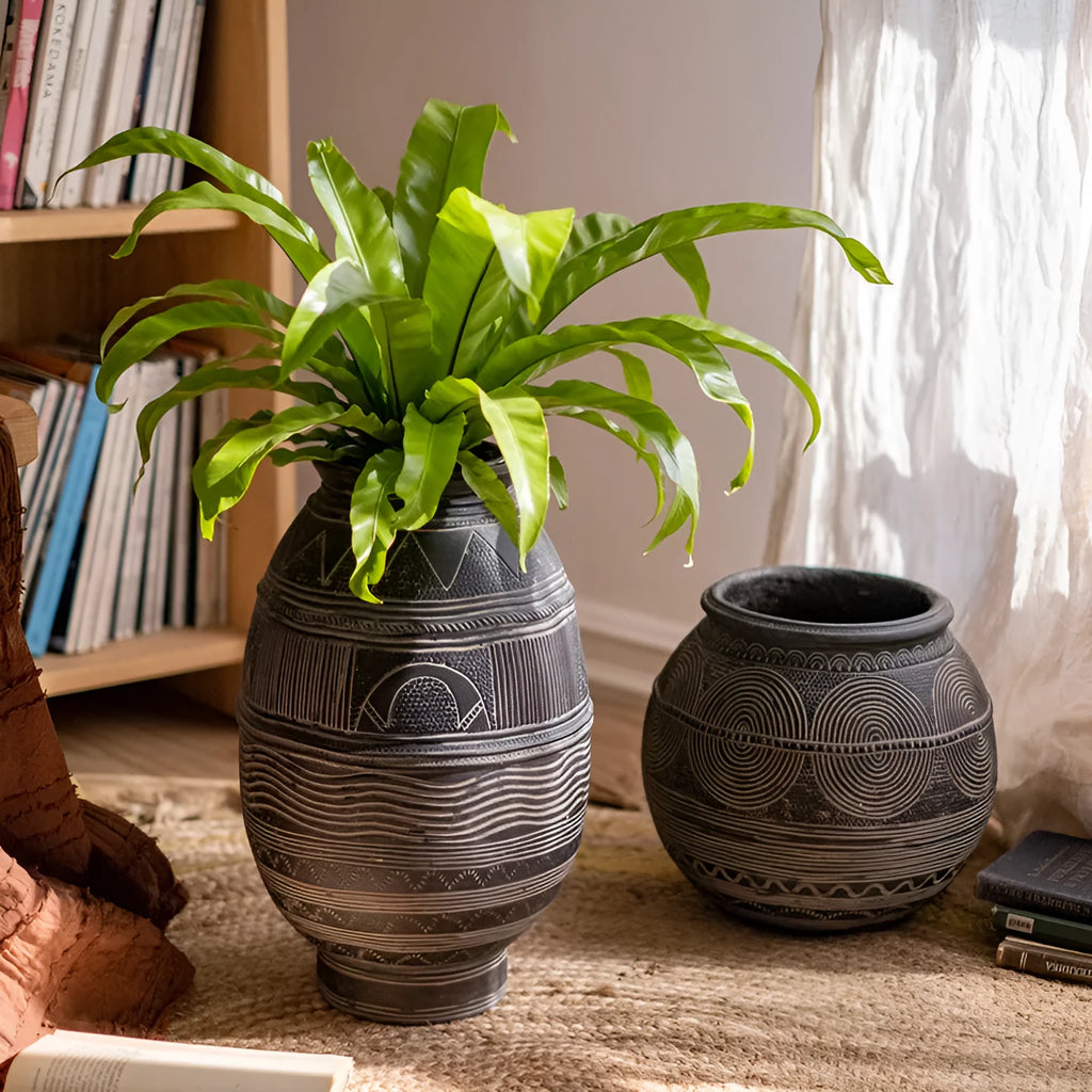 Medium cement African art decorative flower pot with ethnic design and drainage holes
