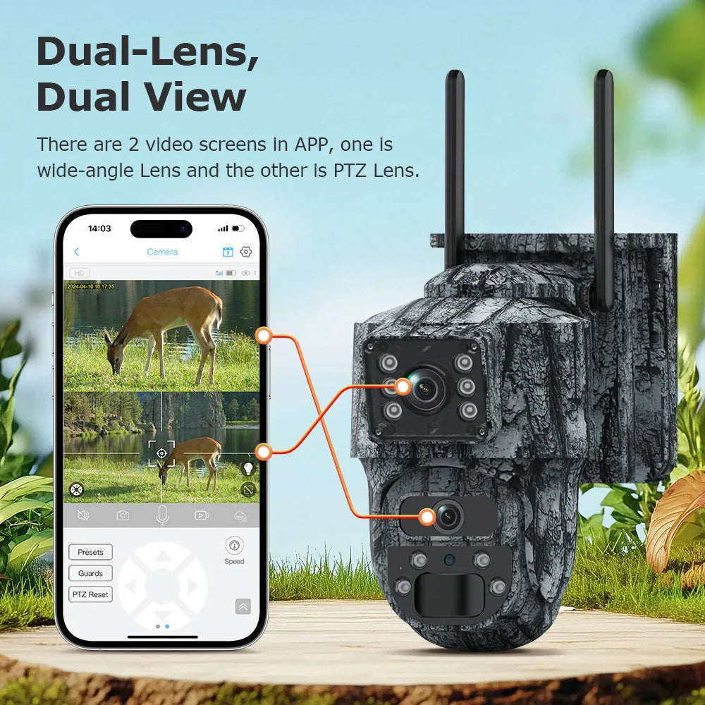 6MP solar surveillance camera with IP66 rating, dual screen, and ceiling mount for outdoor use