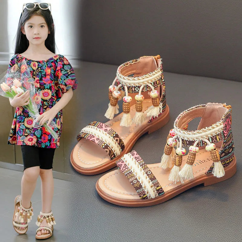 Children's Roman sandals with beaded detail, back zipper, cloth upper, black colour, retro style