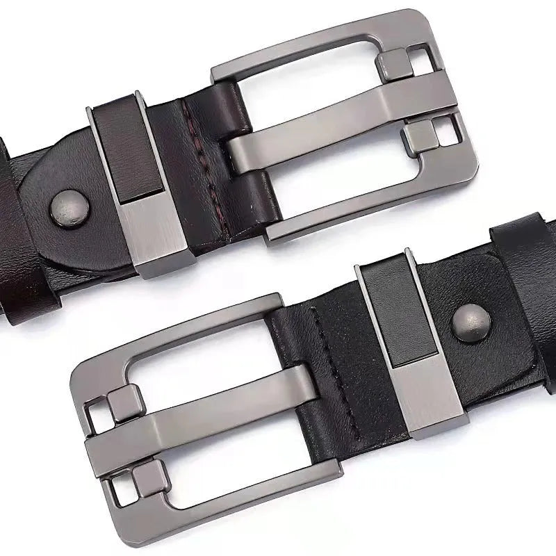 Men's retro belt in genuine cowhide leather with oversized wide alloy needle buckle, colour black