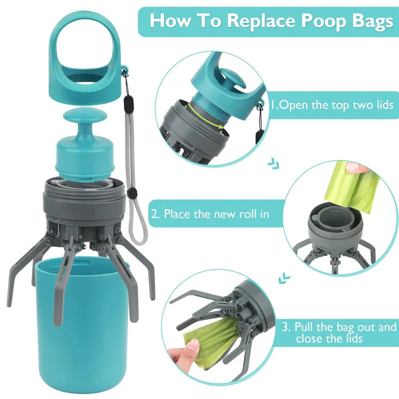 Blue portable dog pooper scooper with eight-claw shovel and built-in bag dispenser