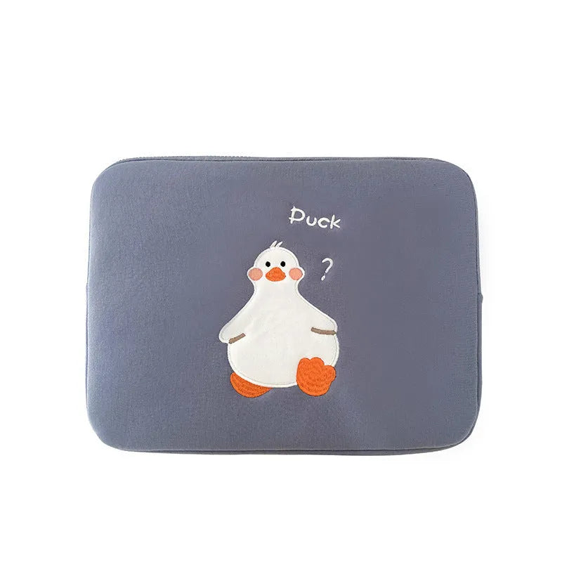 Blue tablet case with embroidered cartoon duck design and a silver zipper closure.