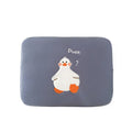 Blue tablet case with embroidered cartoon duck design and a silver zipper closure.