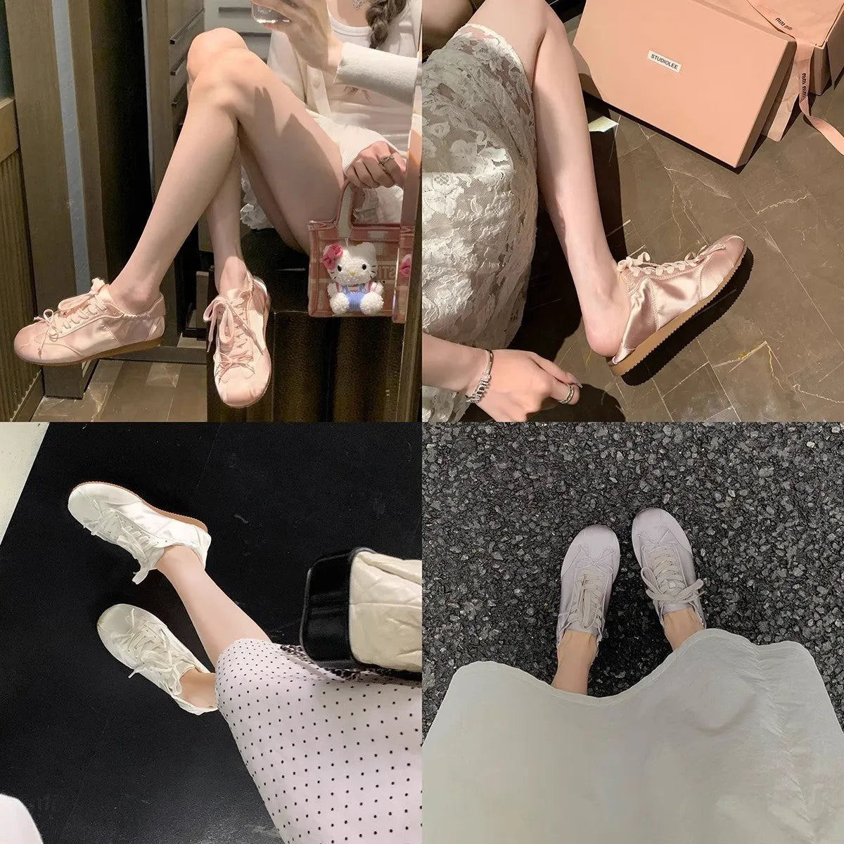 Women's champagne pink satin ballet flats with front lace-up and round toe on a white background.