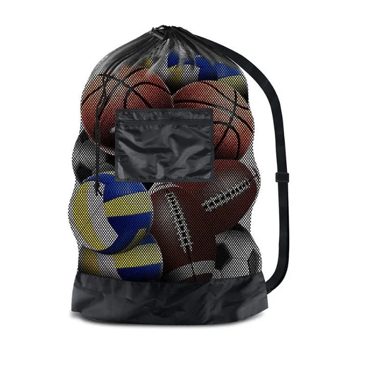 Large capacity black mesh storage bag holding footballs, basketballs, and volleyballs
