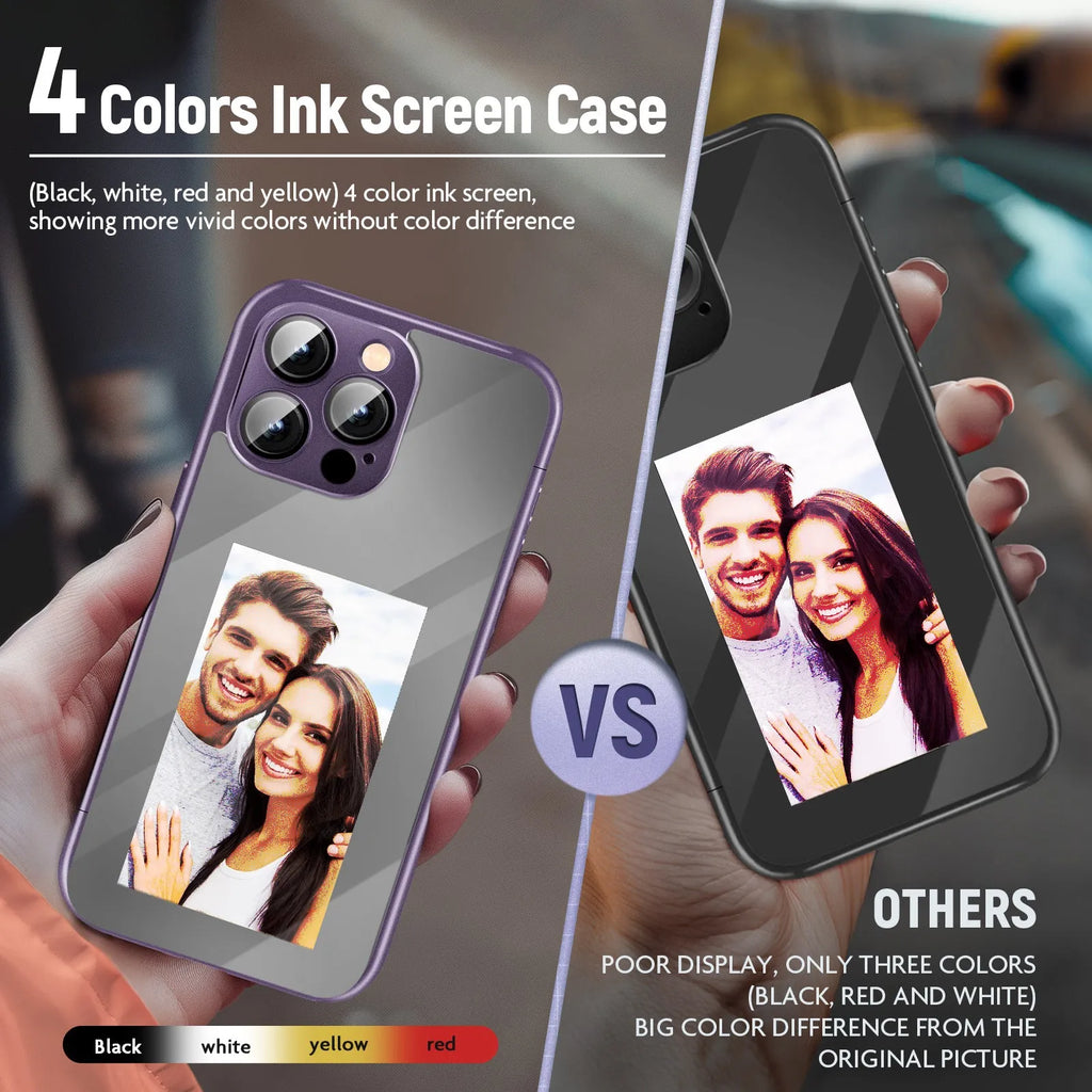 Black iPhone 15 Pro Max flip phone case showing NFC chip and custom ink screen on cover.