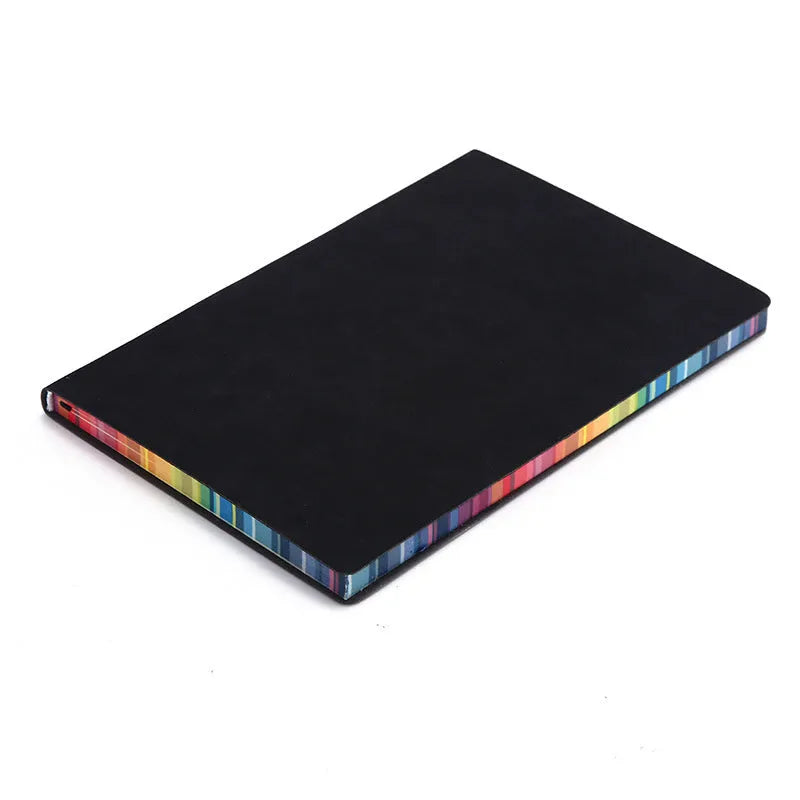 Rainbow side A5 notebook with PU leather back cover and 100g Daolin paper, black colour option, on a flat surface