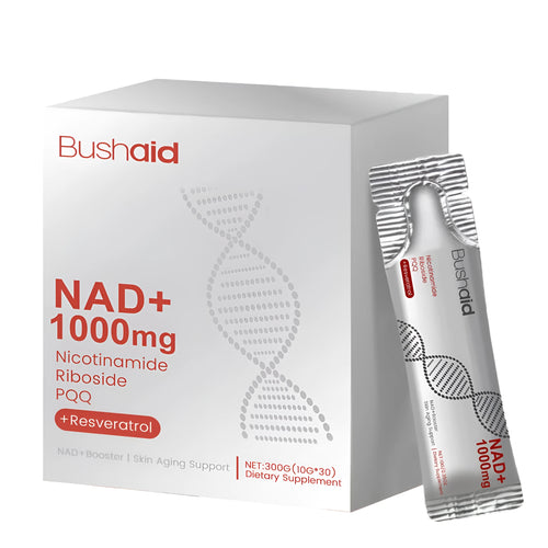 Two single-serve sachets of anti-ageing drink powder with nicotinamide riboside and PQQ on a wooden surface