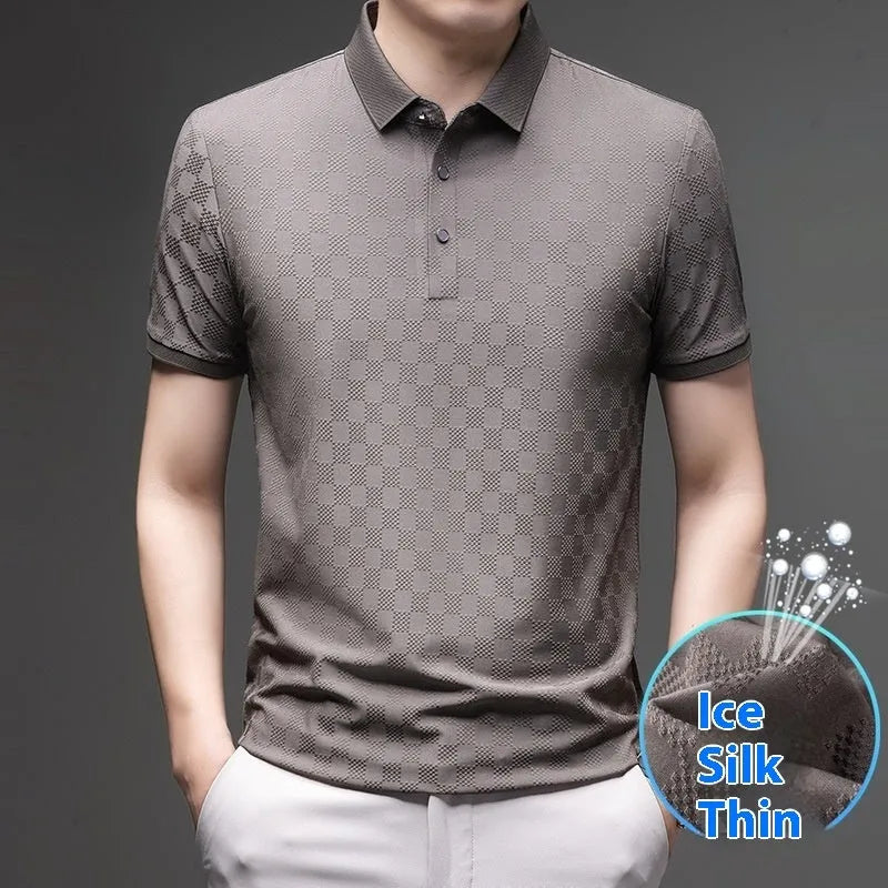 Man wearing a thin black T-shirt with a rhombus-shaped slit detail on the chest.