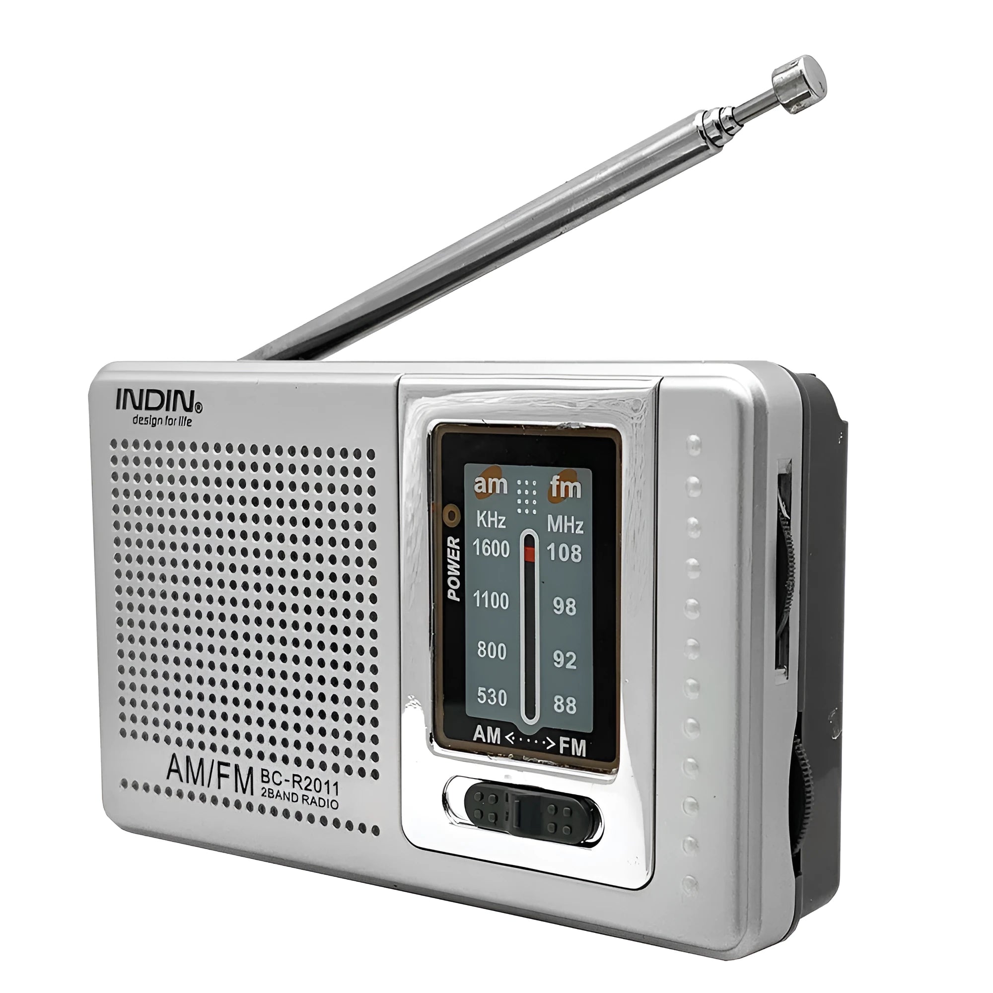 Portable silver grey FM AM radio on table, compact ABS body with built-in speaker and dial controls