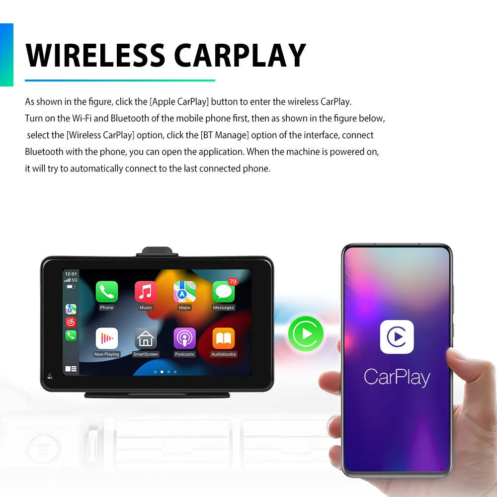 7-inch HD wired car multimedia player with universal mounting supports on a dashboard.