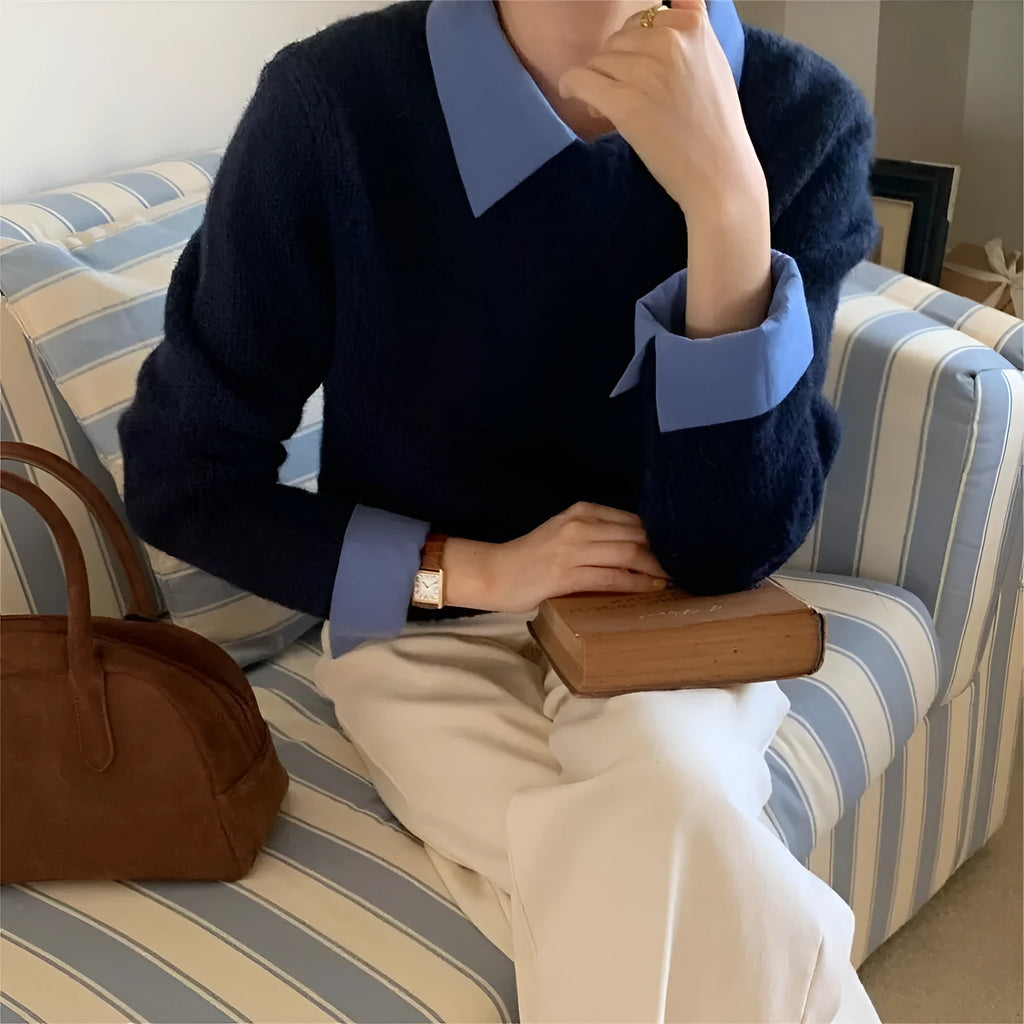 Women's loose knitwear top with contrast lapels in polyester, available in multiple colours