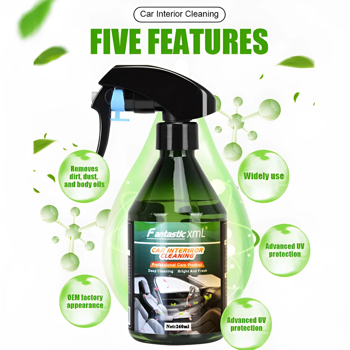 Car interior foam cleaner 260ml bottle for seats carpets headliner
