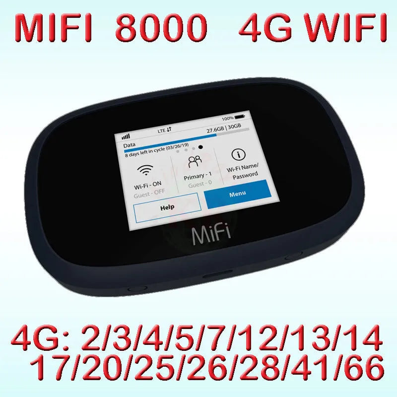 Black mifi8000 portable 4G wireless router with compact design on a table