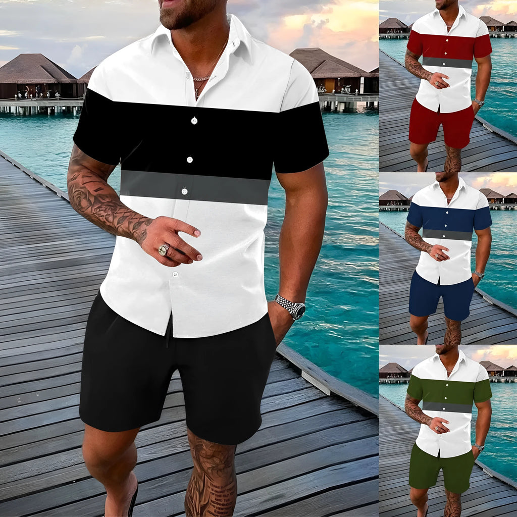Men's summer cardigan lapels shirt outfit with colour-matching pattern in ZC-7801 style, polyester fabric, multiple sizes available