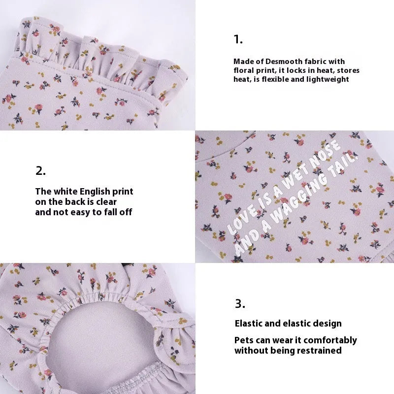 Light purple dog outerwear with floral skirt undershirt for small dogs on a Teddy Bichon.