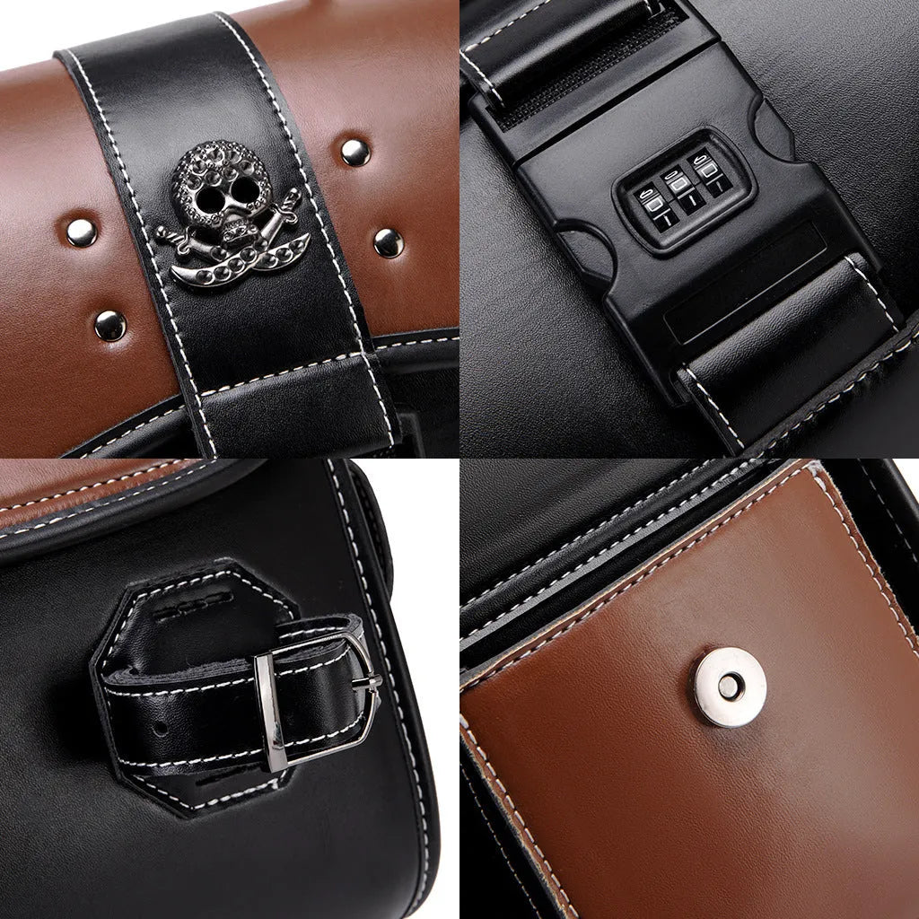 PU leather motorcycle front bag with patchwork design, mounted on handlebars.