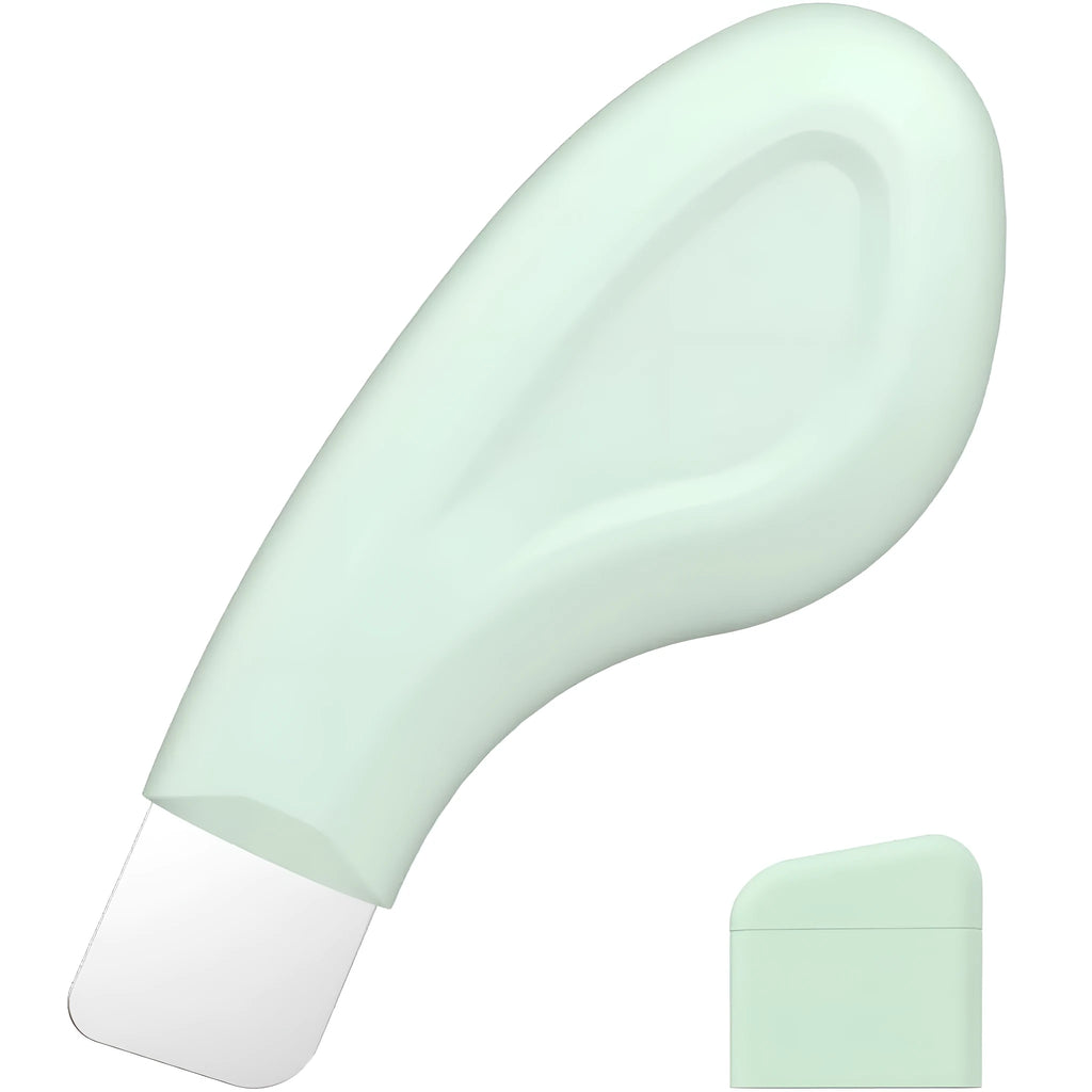 Stainless steel face spatula blackhead remover tool with a non-slip handle.