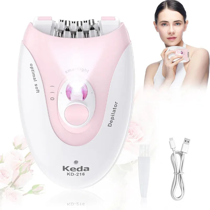 Portable USB-powered electric epilator in colour KEDA-216 with cleaning brush.