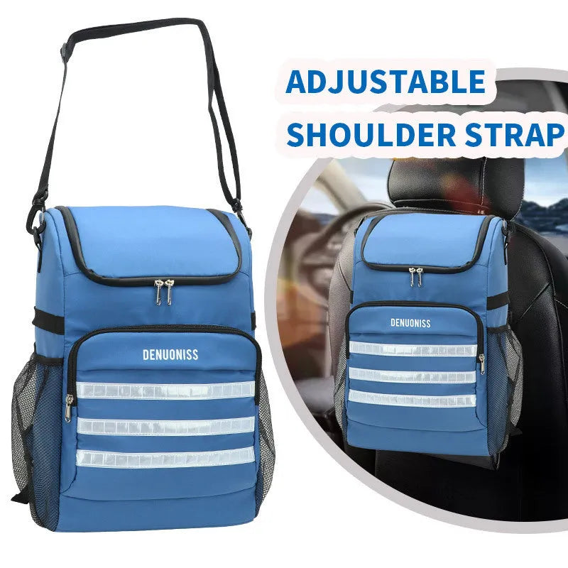 20 litre cloth backpack with bottle opener on shoulder strap in black, blue, pink, or red