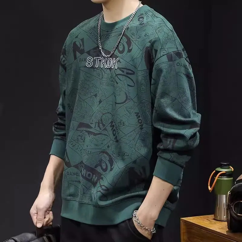 Men's round neck print sweatshirt, long sleeve loose fit, wool lined, brown or green, sizes XS to 5XL