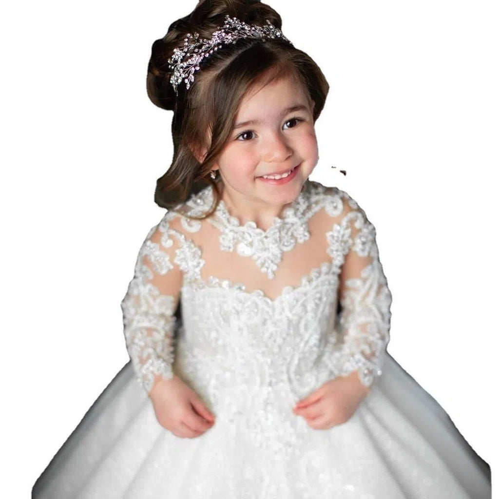 Children's princess dress in ivory white with bow and tulle tutu skirt, made from polyester, suitable for heights 80cm to 160cm
