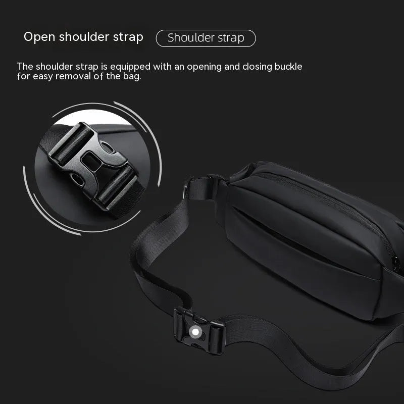 Black oxford cloth men's messenger bag with one-shoulder riding strap and decorative sewing thread.