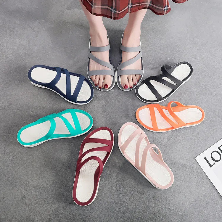 Women's solid colour casual sandals with a PP upper, shown in red, purple, blue, black, grey, or pink.