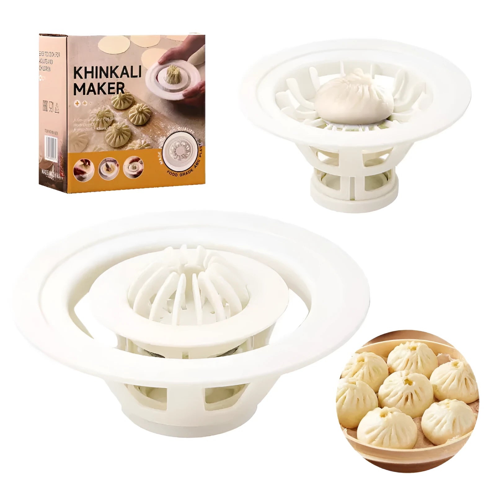 Set of four black plastic steamed bun and dumpling shaping moulds on a kitchen surface.