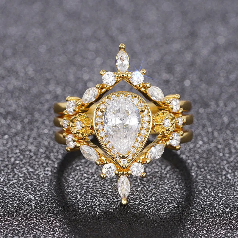 Women's drop-shaped ring with inlaid zircon and copper band in yellow gold colour, sizes No.6 to No.10