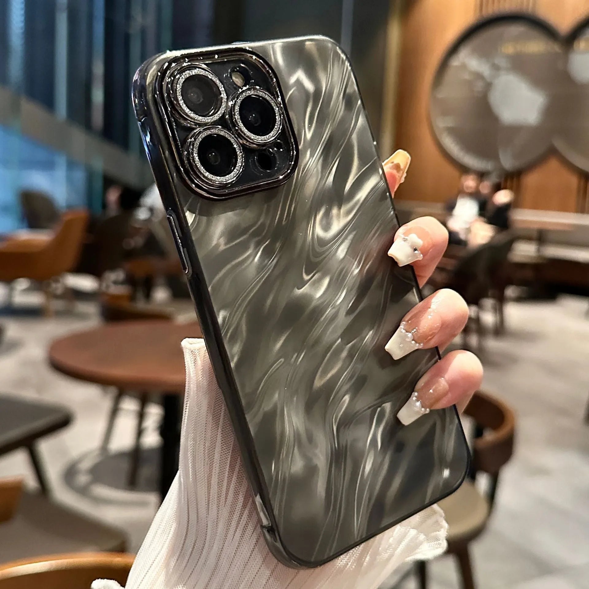 Water ripple IMD glitter fine hole translucent PC phone case for iPhone, anti-fall protection, available in white purple green blue black silver gray