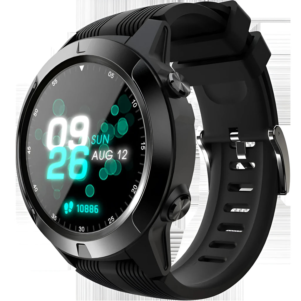 Black men's smart watch showing 1.3 inch screen with fitness tracking and Bluetooth call functions