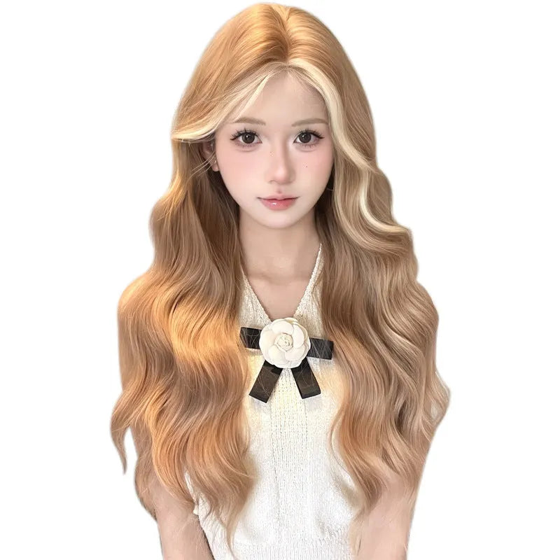 Long curly lace wig in American dyed gold colour showing full head coverage and natural hairline