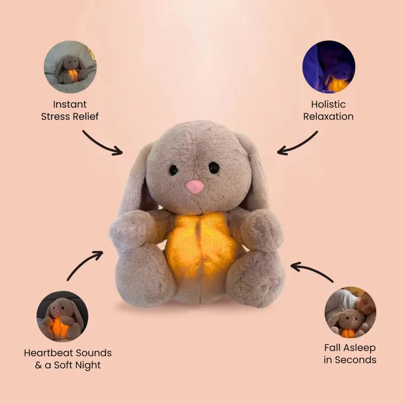 Breathing rabbit plush toy with moving belly and calming features for baby sensory development