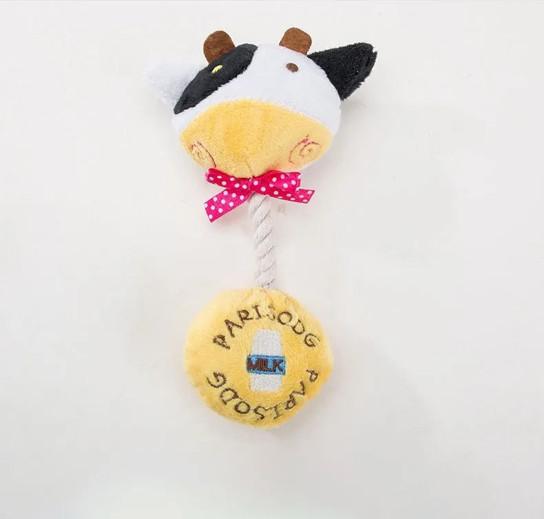 Plush animal dog toy with cotton rope in frog, elephant, cow or bear designs with squeaker