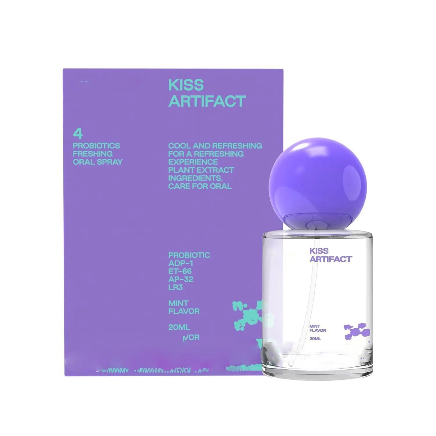 White 20ml portable oral spray bottle with blue cap and probiotic labelling