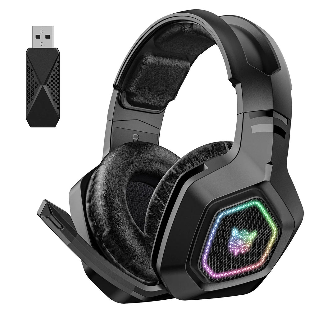 Black and white wireless gaming headset with RGB lighting on ear cups