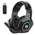 Black and white wireless gaming headset with RGB lighting on ear cups