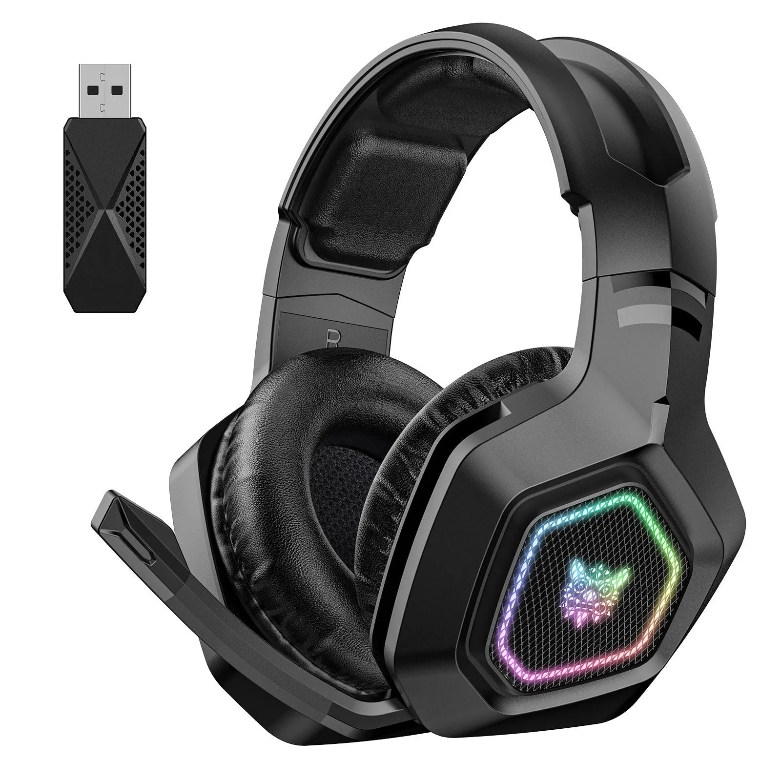 Black and white wireless gaming headset with RGB lighting on ear cups