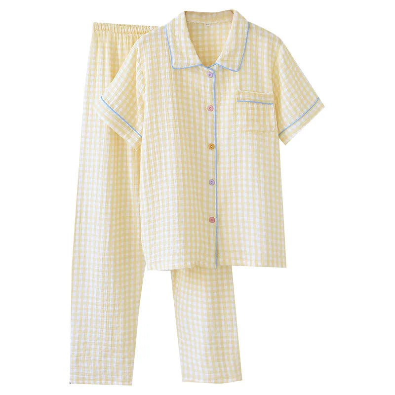 Washed cotton double-layer gauze short-sleeved trousers casual loose outfit in flower sea or yellow plaid colours