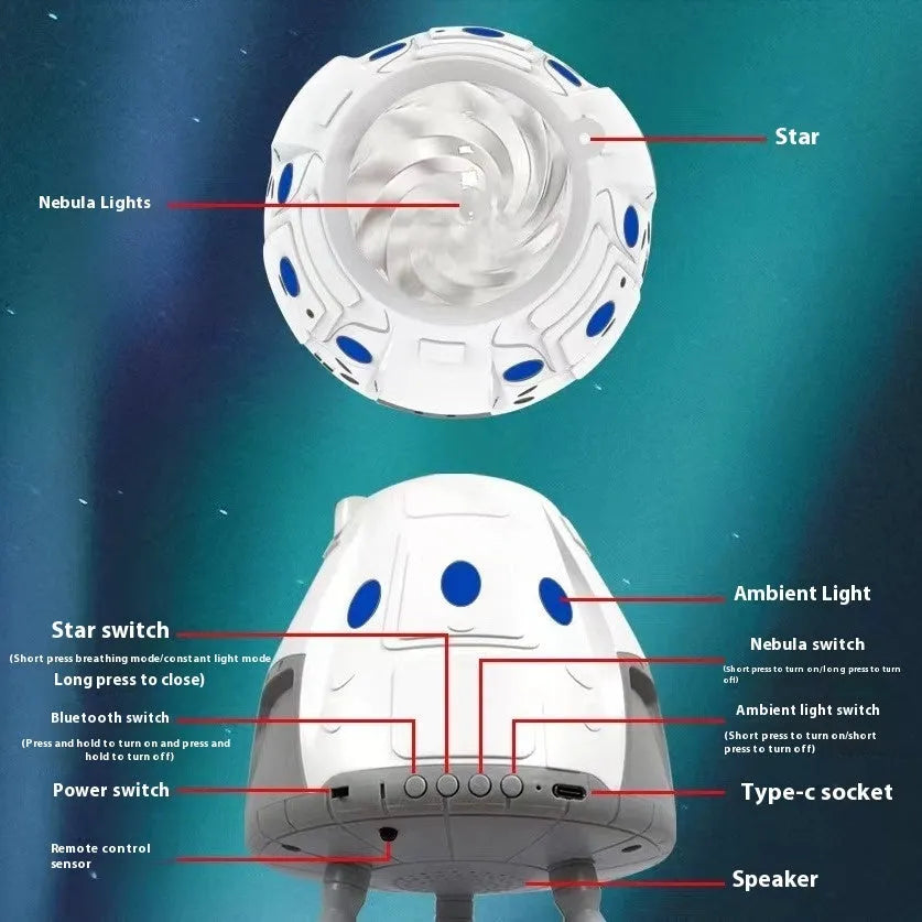 Compact white cube-shaped USB galaxy projection lamp with remote control on a table