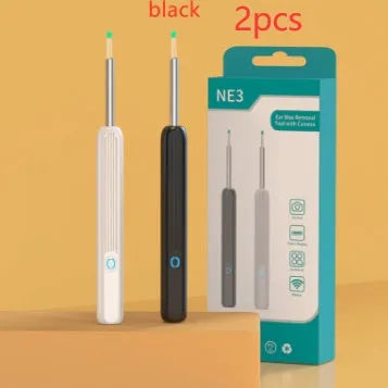 NE3 wireless otoscope ear cleaner with camera, LED light, and spoon heads on a white background.