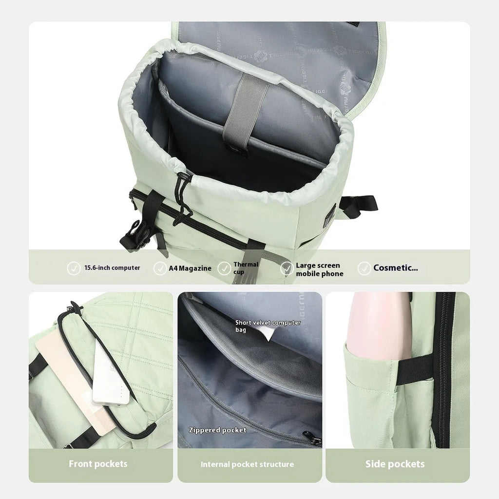 Light green schoolgirl travel backpack showing laptop compartment and organisational pockets